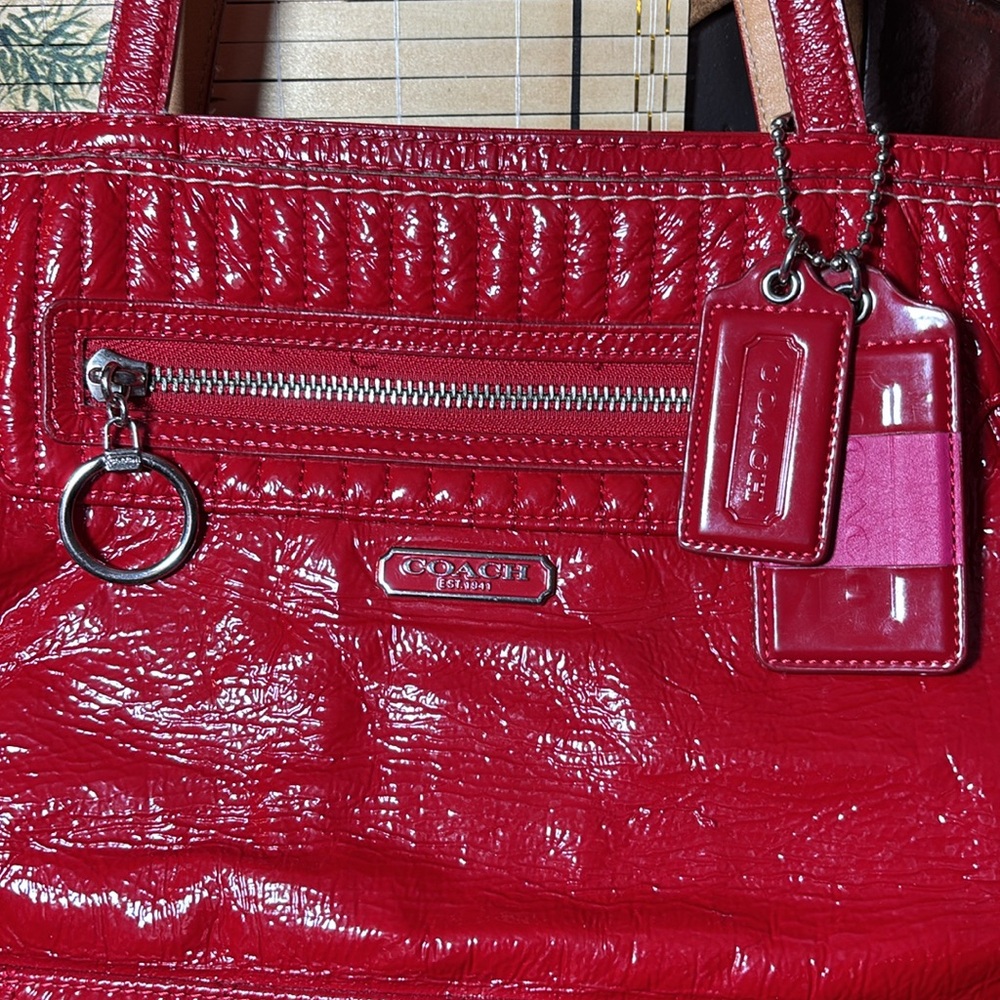 Coach Liquid Gloss Red Tote Quilted w 2 Hang Tags Silver Tone 17”x9.5”x4.5” VGUC